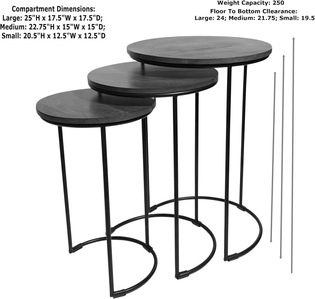 Carolina Chair & Table Astra Round Nesting 3-Piece Tables Set - Modern Powder Coated Black Metal Frames with Stained Wood Tops - Space Saving Accent Furniture for Living Room, Bedroom (Chestnut/Black)