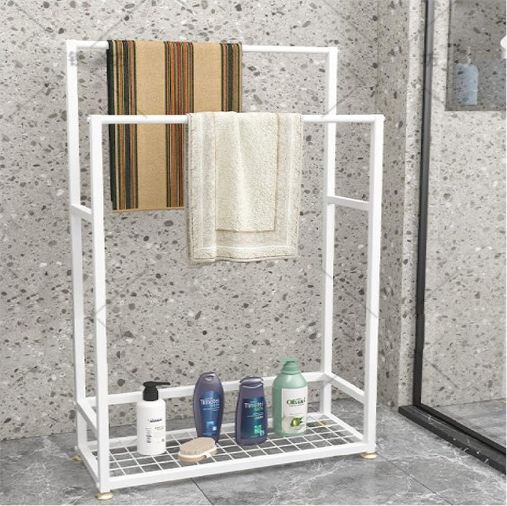 Exquisite Bathroom Shelves Outdoor Towel Rack for Pool Area Freestanding with Shelf, Metal Floor Towel Stand with 2 Towel Bars for Bathroom, Gym, Poolside, Max Load is 20kg