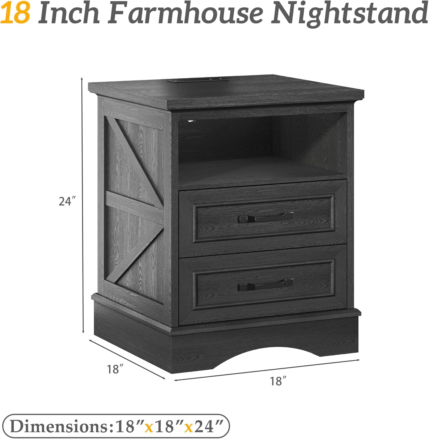 Fluest 24' Tall Farmhouse Nightstands Set of 2, Night Stands with Fast Charging Station, Beside Tables with Drawers and Open Storage, Rustic End Tables for Bedroom, Antique Black