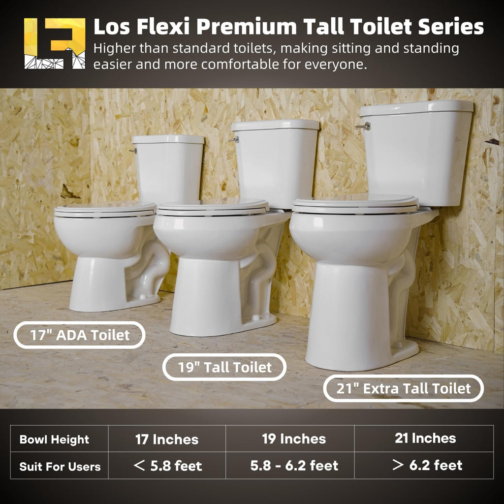 19 Inch High Toilet, Los Flexi ADA & Elongated Extra Tall Toilet for Seniors, Comfort Height Two-Piece Toilet With Soft-Close Seat,12' Rough-In, S-Trap, Siphonic Flush 1.28 GPF