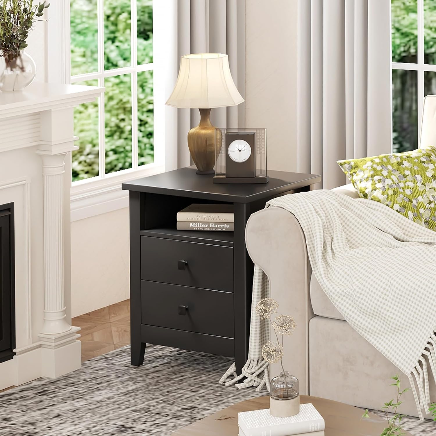 JSB Farmhouse Nightstand Set of 2, Night Stand with 2 Drawers,Open Shelf, End Table/Bed Side/Side Table for Bedroom, Kids Room, Living Room (Black, 18.7' W x 15' D x 23.8' H (2 Drawers))