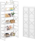 4NM 6 Tiers No Assembly Book Shelves, 61.8' H Folding Bookshelf Bookcase Open Industrial Foldable Shelves for Bedroom, Living Room, Home Office - All White