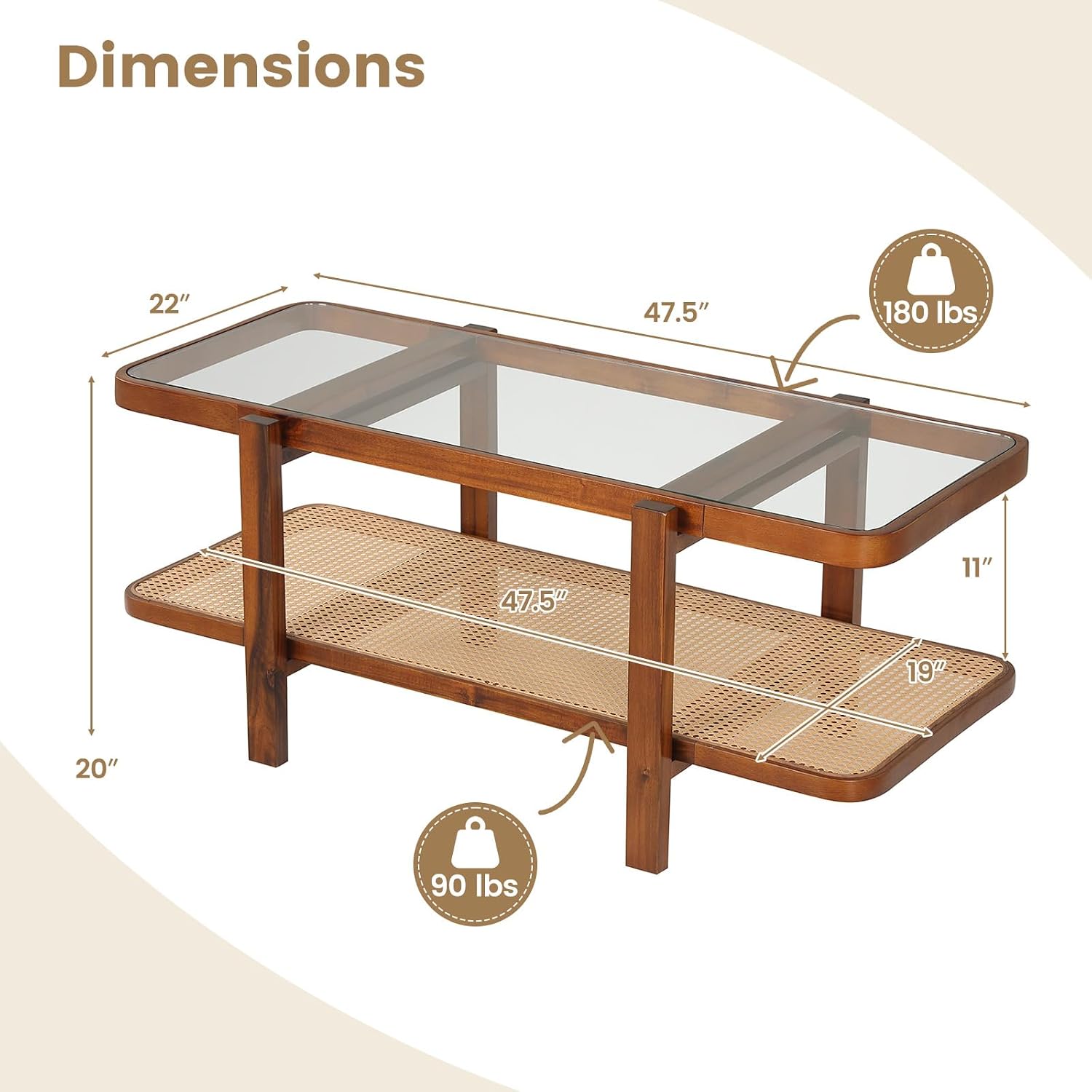GOFLAME Rattan Coffee Table, 47.5' Solid Wood Center Table with Tempered Glass Top & Rattan Storage Shelf, Rectangular, Farmhouse, Boho, 2-Tier Mid Century Modern Tea Table for Living Room (Walnut)