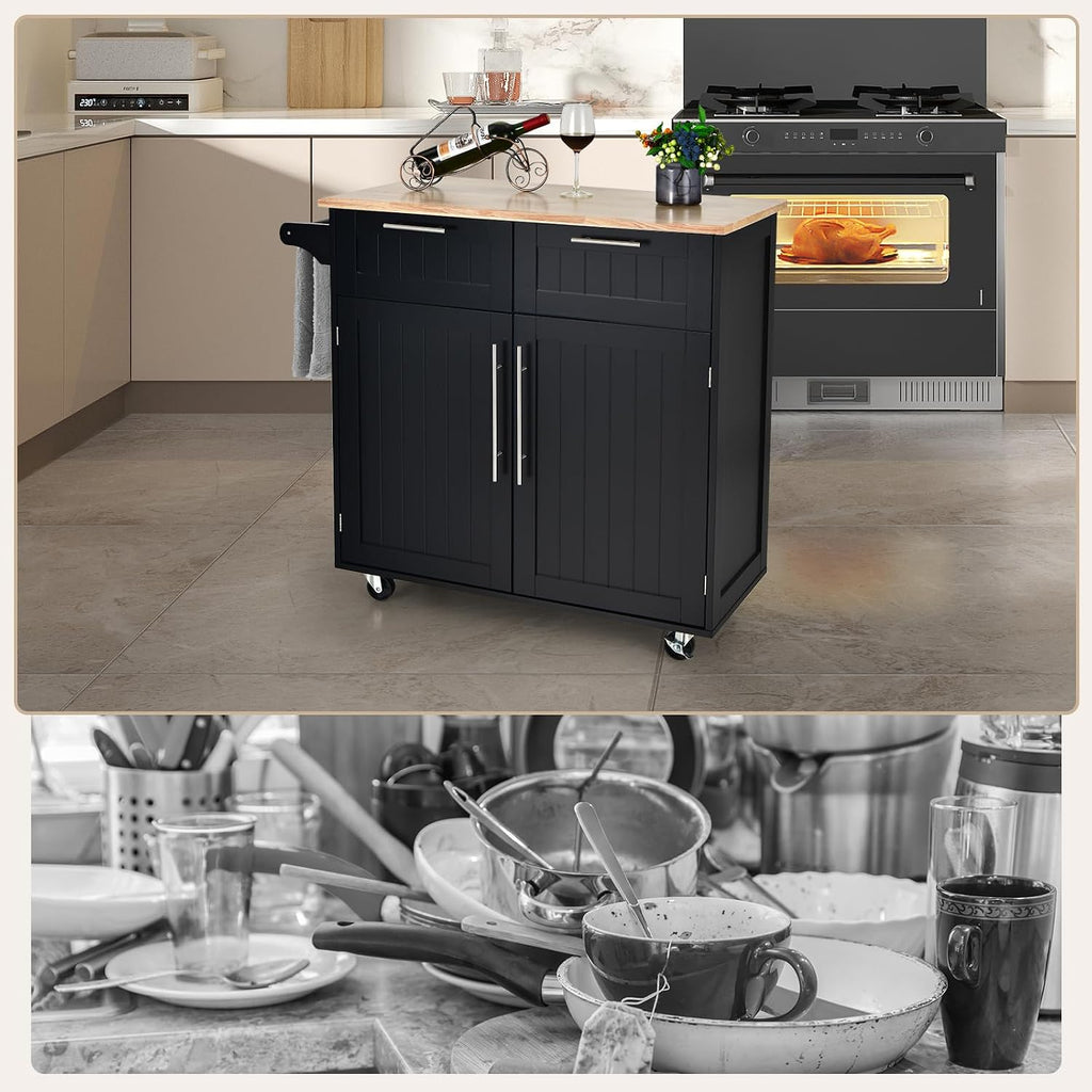 Kitchen Island with Storage, Mobile Kitchen Trolley Cart with Wheels, Rubber Wood Top, Adjustable Shelves, Towel Rack & Drawers, Rolling Kitchen Island Cart, 37' L x 18' W x 37' H (Black)