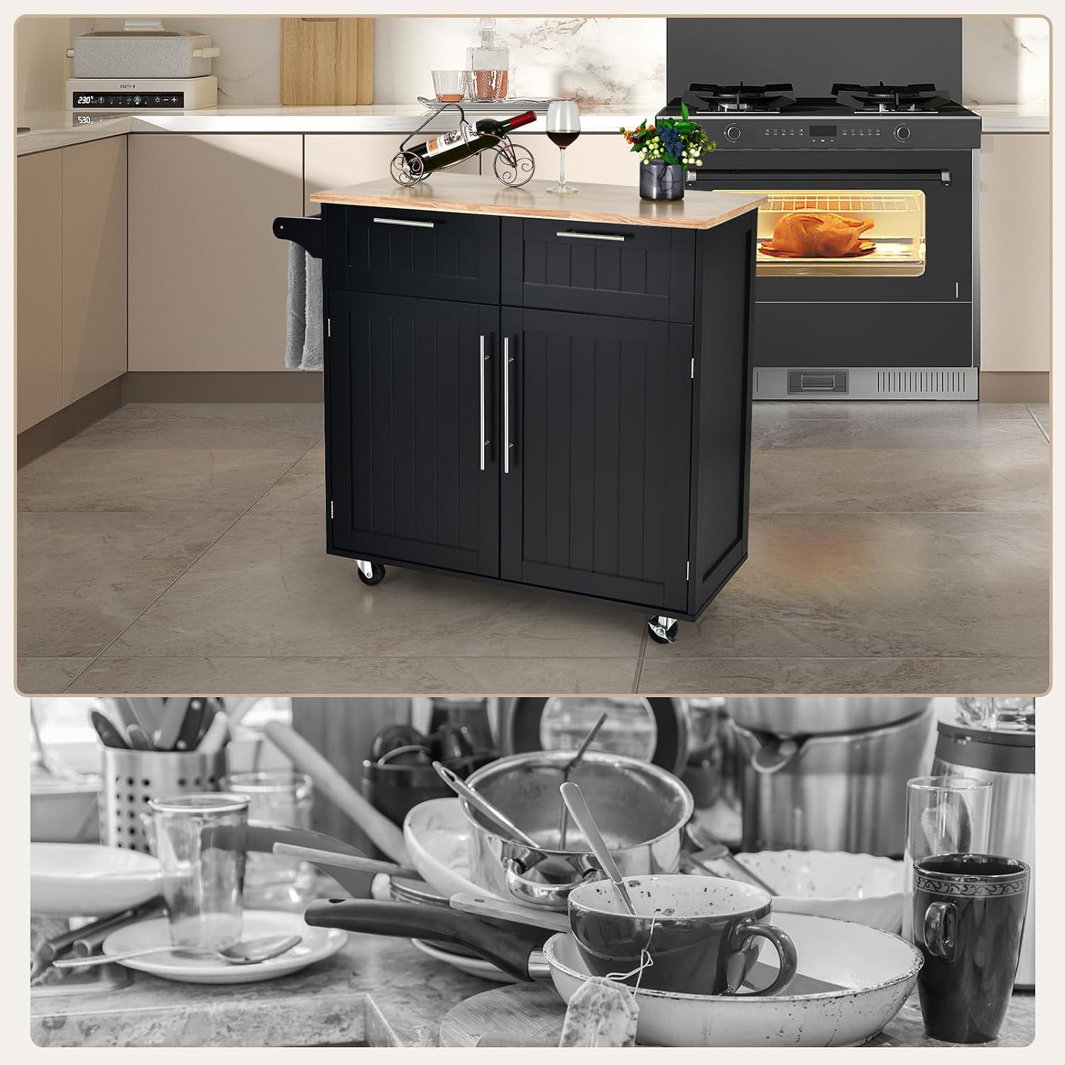 Kitchen Island with Storage, Mobile Kitchen Trolley Cart with Wheels, Rubber Wood Top, Adjustable Shelves, Towel Rack & Drawers, Rolling Kitchen Island Cart, 37' L x 18' W x 37' H (Black)