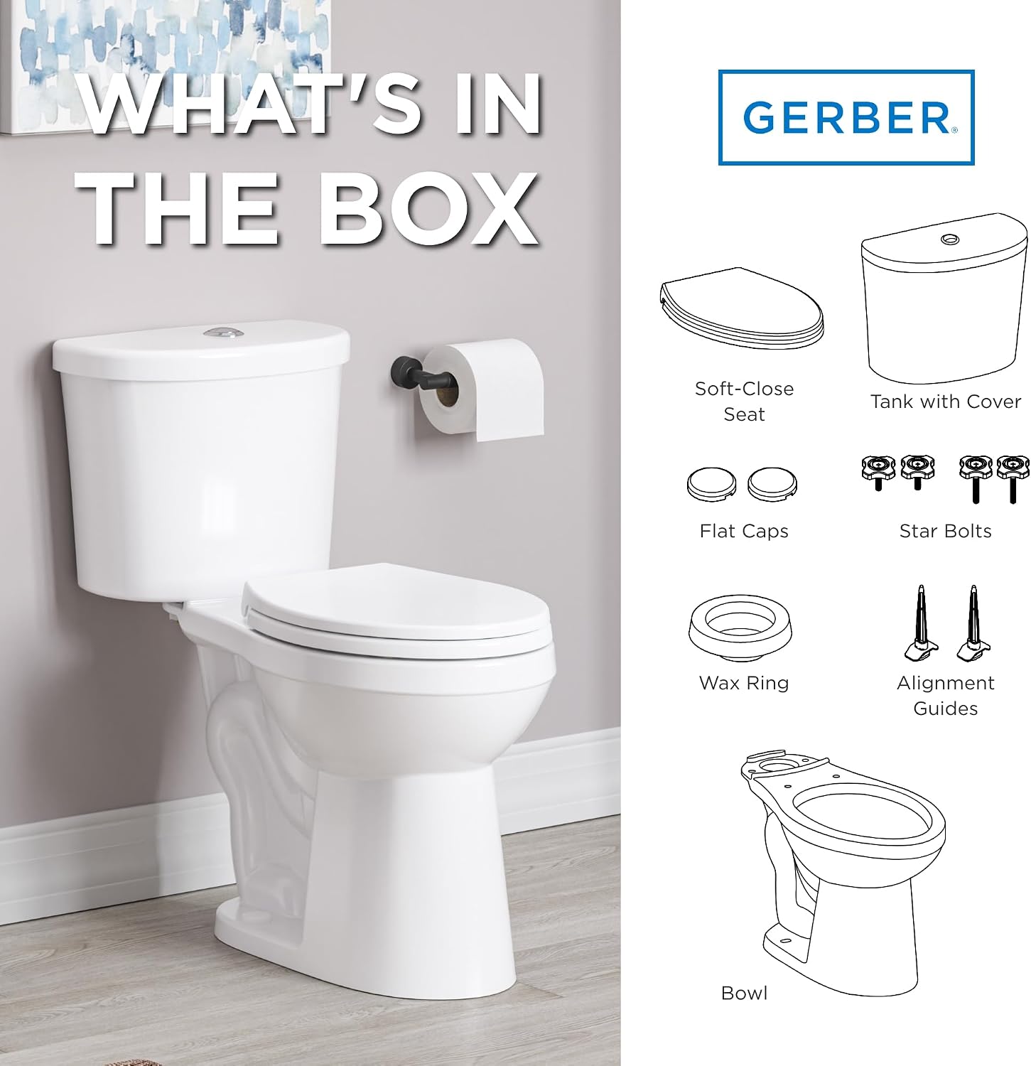 Gerber Maxwell Select Round Dual-Flush 1.0/1.28 GPF Two-Piece Toilet, ADA Chair Height, 12-in Rough-In, High Efficiency, Soft-Close Seat & Install Kit with Wax Ring, White, GRD49220E