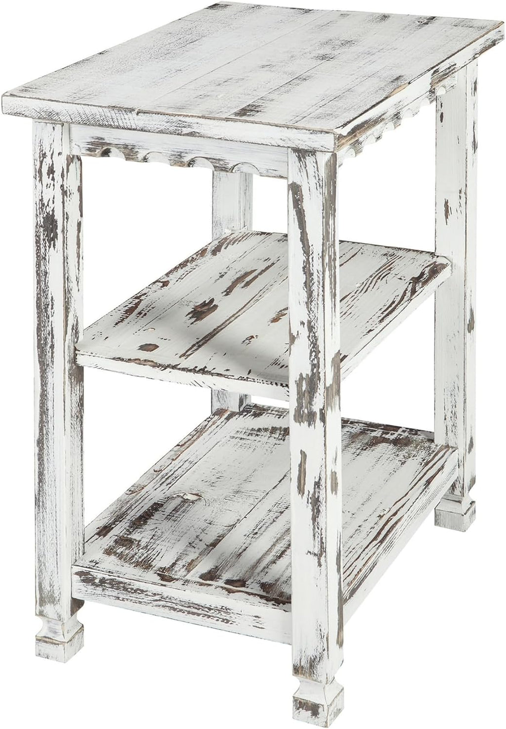Alaterre Furniture Country Cottage Rustic Farmhouse Nightstand – 3-Tier Narrow End Table with Weathered Faded Finish, Carved Edges, & Turned Legs (Distressed Antique White)
