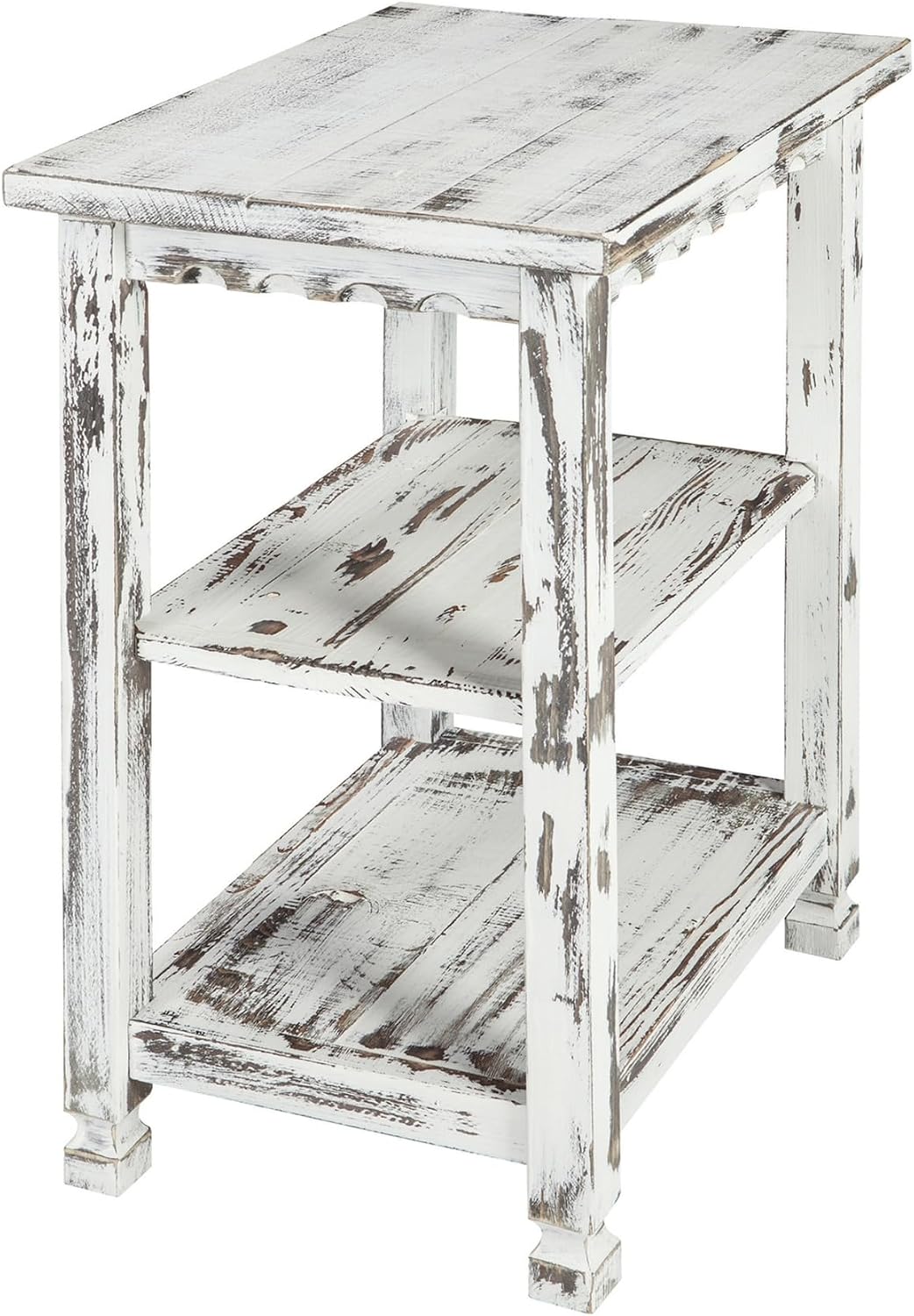 Alaterre Furniture Country Cottage Rustic Farmhouse Nightstand – 3-Tier Narrow End Table with Weathered Faded Finish, Carved Edges, & Turned Legs (Distressed Antique White)