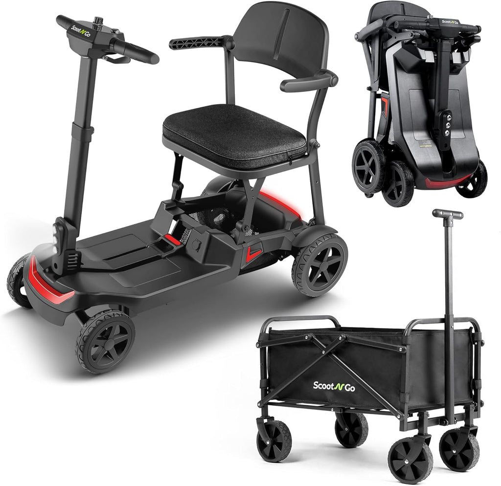 SCOOTNGO Mobility Scooters for Seniors, 4 Wheel Foldable Lightweight Airline Approved Mobility Scooter for Adults, Dual Batteries, Portable, No Assembly Needed (Black Red, with Folding Trailer)