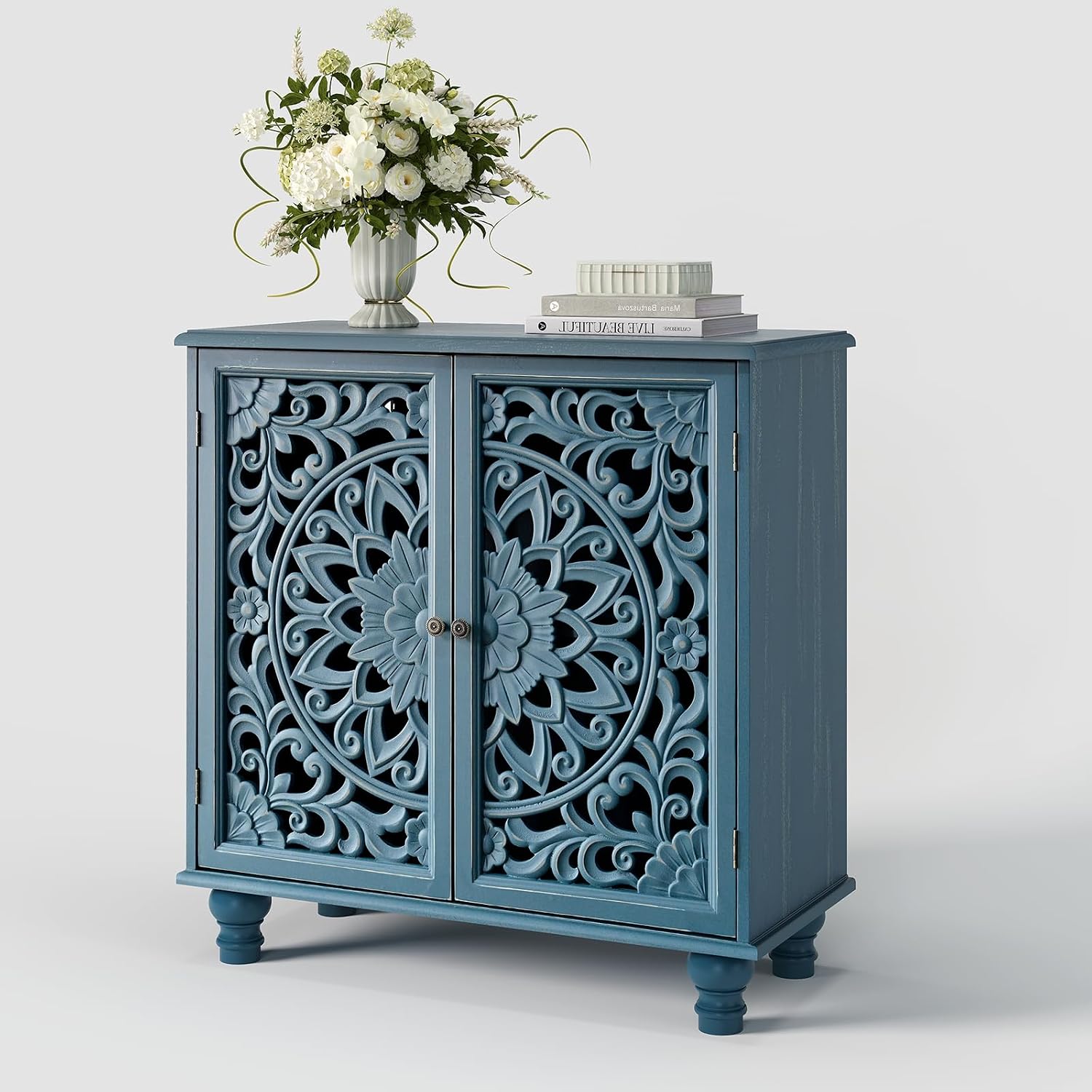 JOINICE Blue Accent Cabinet with Carved Doors, 31' Storage Cabinet for Entryway & Living Room, Vintage Sideboard Buffet Table with Adjustable Shelf, Solid Wood Legs, Boho Home Decor