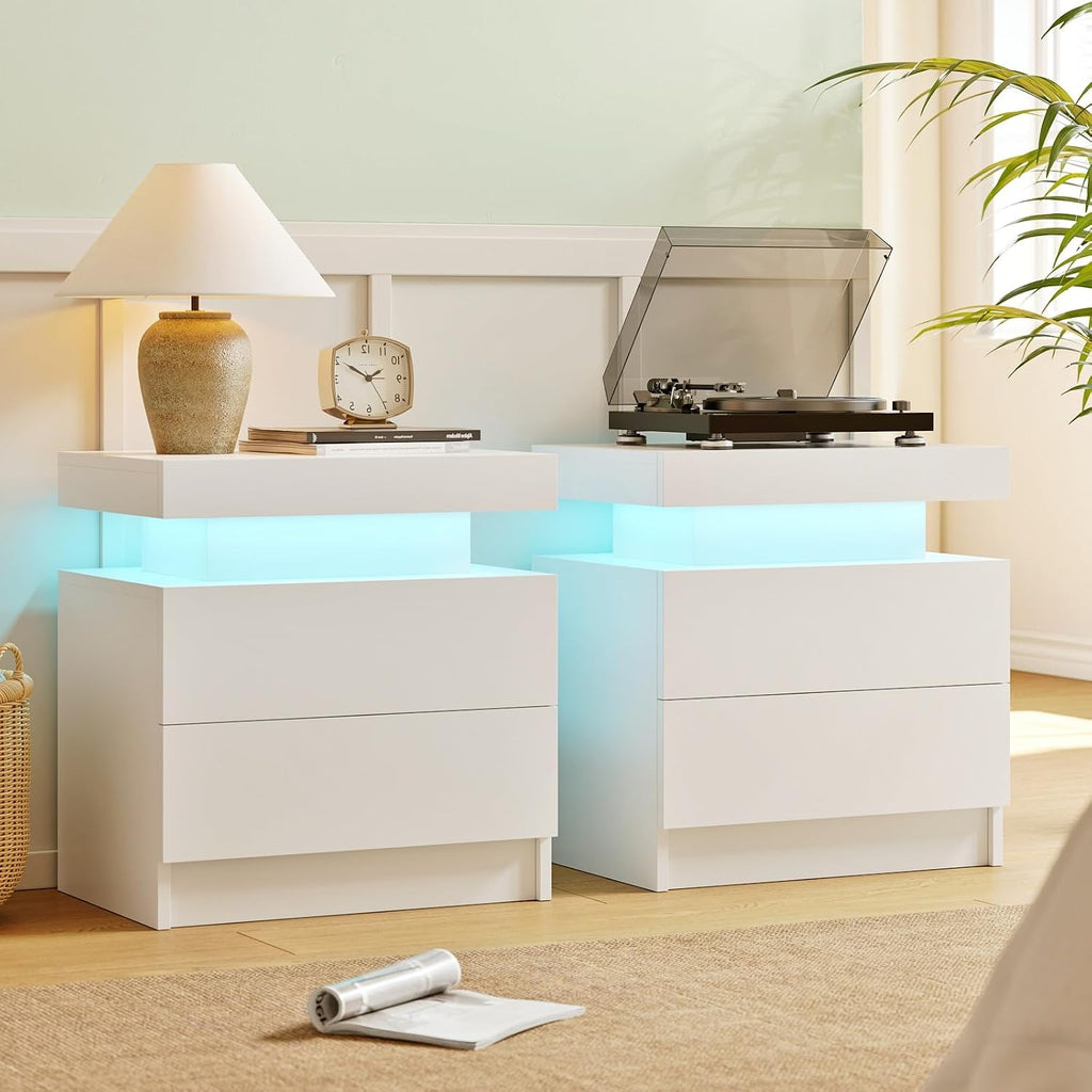 Cubehom Nightstands Set of 2, Bedside Tables with LED Lights, Night Stands with 2 Wood Drawers, End Tables Set of 2 for Living Room/Bedroom