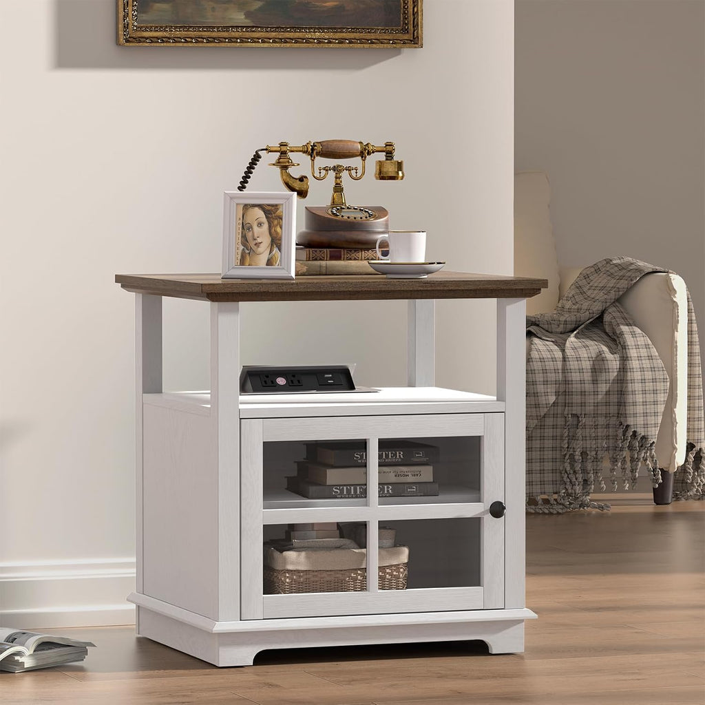 HIFYOBRO 24''Tall White End Table with Charging Station, Adjustable Shelf & Storage, 21' Large Side Table, Modern Farmhouse Nightstand for Bedroom, Living Room, Office