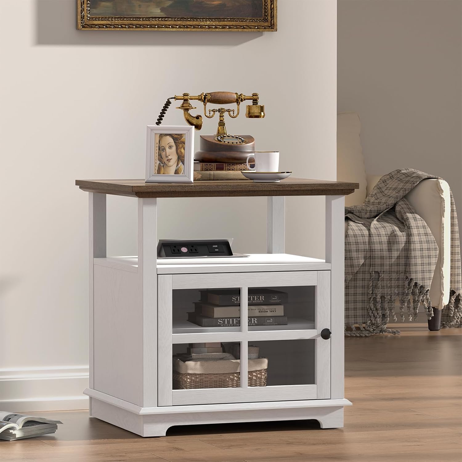 HIFYOBRO 24''Tall White End Table with Charging Station, Adjustable Shelf & Storage, 21' Large Side Table, Modern Farmhouse Nightstand for Bedroom, Living Room, Office