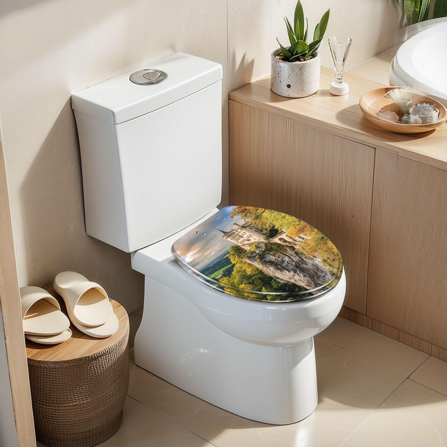 Elongated Toilet Seat Lichtenstein Castle Resin Toilet Seat Slow Quiet Close Lid with Quick-Release Hinges Cover Bumpers Easy to Clean Install