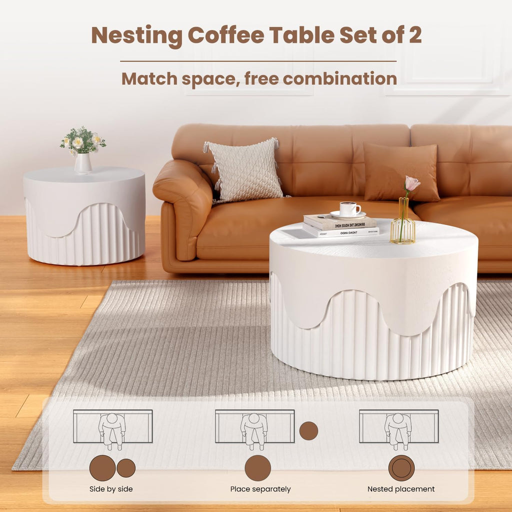Fluted Round Nesting Coffee Table Set of 2, Modern Unique Circle Coffee Table, Drum Side Tea Table, Space-Saving for Living Room, Bedroom, Balcony, Office, No Assembly (26.77'+19.69' White A)