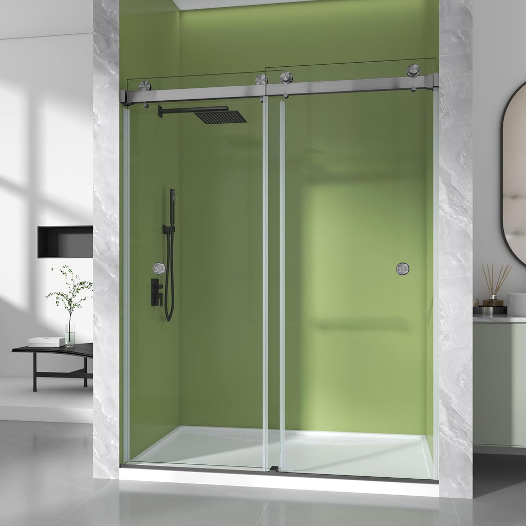 44-49' W x 76' H Frameless Shower Door with 3/8'(10mm) SCCG Tempered Glass,304 Stainless Hardware Double Sliding Shower Door for Bathroom, Includes Dual Finger Pulls(Gunmetal)