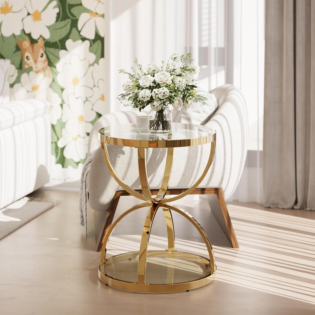 JIJIWANG 2 Tier Round Glass Side Table with Metal Frame and Clear Tempered Glass, 24.02' H Ring-Shaped Coffee Table for Living Room, Bedroom and Office, Gold