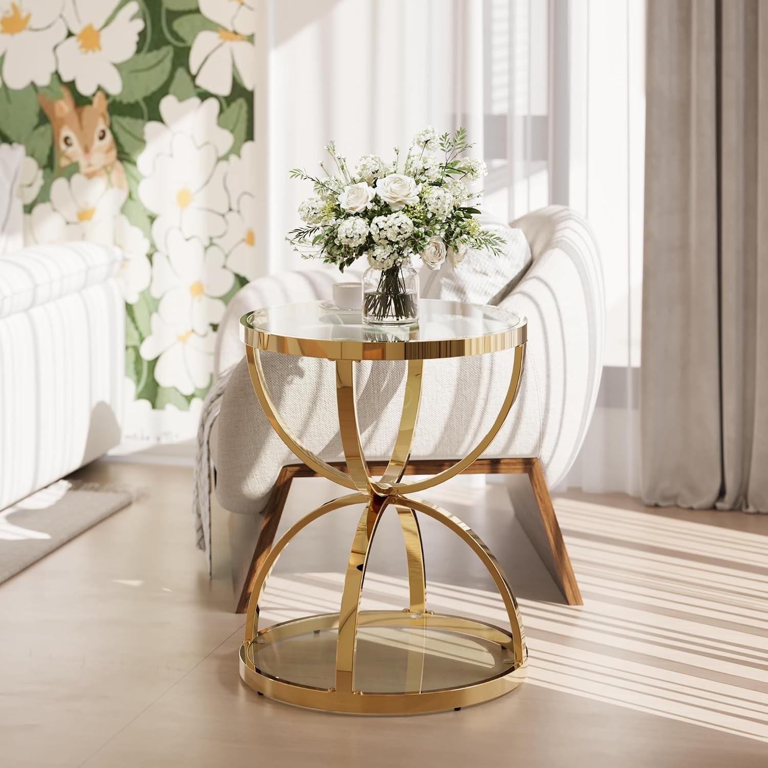 JIJIWANG 2 Tier Round Glass Side Table with Metal Frame and Clear Tempered Glass, 24.02' H Ring-Shaped Coffee Table for Living Room, Bedroom and Office, Gold