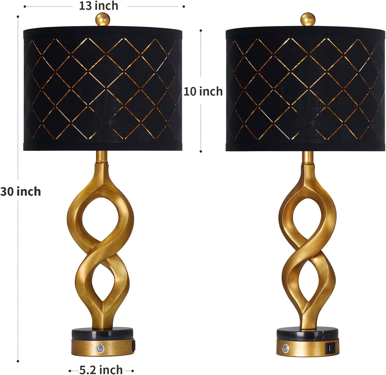 Cinyirong 30' Black and Gold Table Lamps Set of 2 for Bedroom, Modern Touch Control Bedside Lamps for Living Room, 3-Way Dimmable Sculptural Resin Nightstand Lamps with USB A+C Ports and 2 LED Bulbs