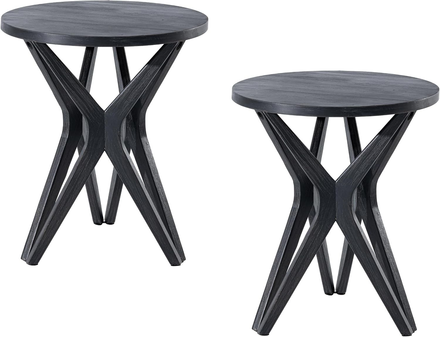 Pedestal Farmhouse End Table Set of 2, Distressed Top with Tripod Base Bedside Table for Living Room, Modern, Boho Decor, Round (2-Pack, Distressed Black)