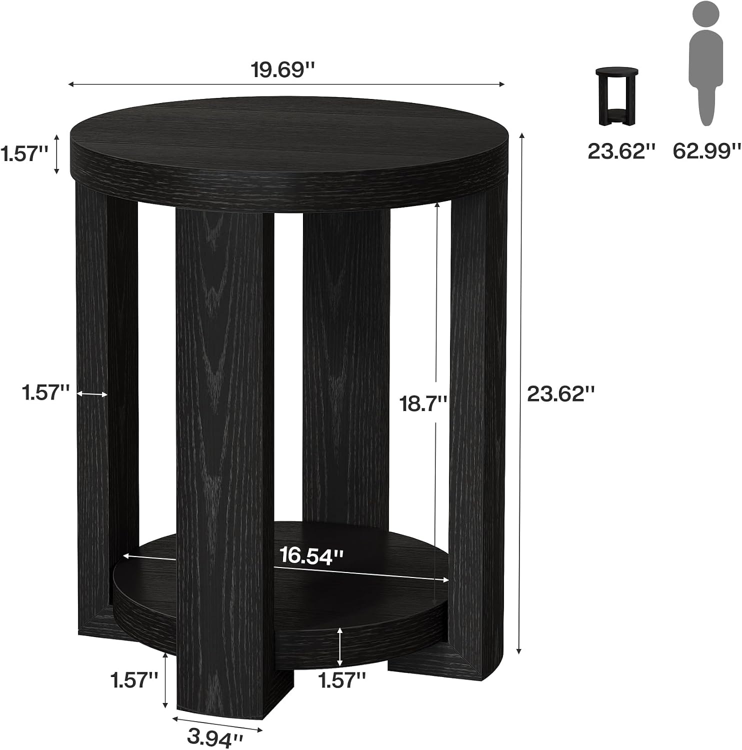 Tribesigns Round Side Table, 2-Tier End Table for Living Room & Bedroom, Small Accent Table with Storage Shelf (2, Black)