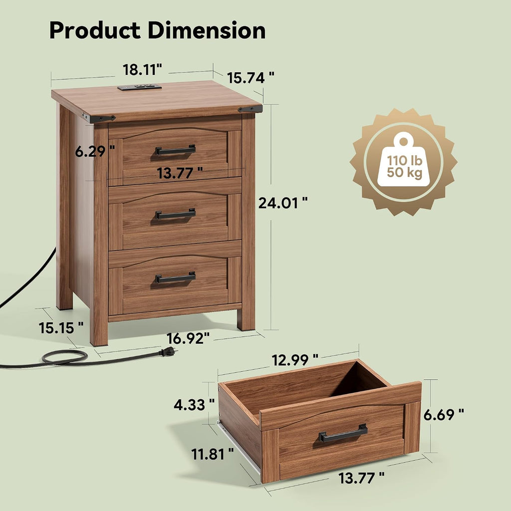 Decofy Farmhouse Nightstand Set of 2 with Charging Station, 18'' Wide Rustic End Table with USB/Type-C Ports, 3 Drawers, Wood Bedside Table for Bedroom, Walnut