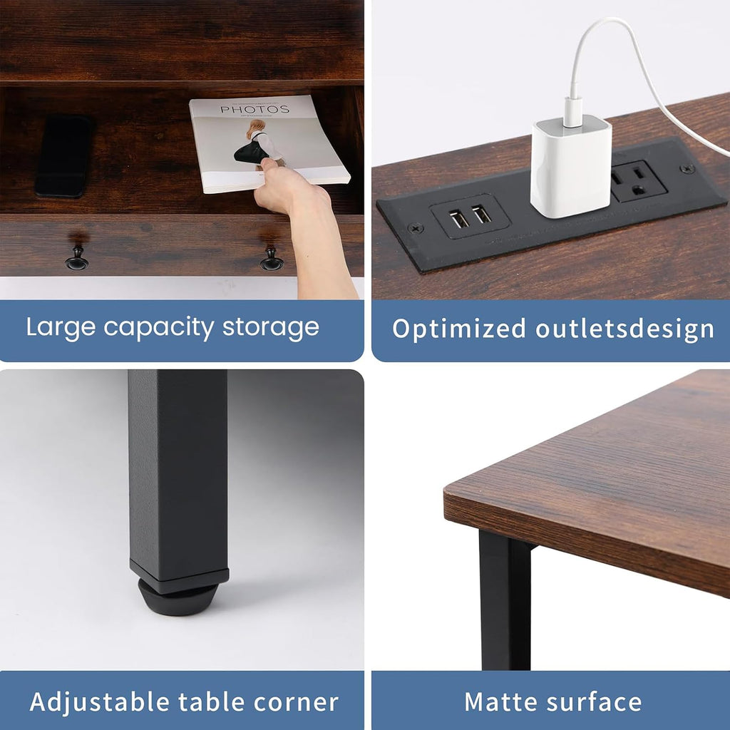 Edbuosy 3 Wooden Drawers Night Stand, 27 Inch Wide Nightstand with Charging Station and Adjustable Drawers, Small Dresser for Closet, Bedside Table for Living Room/Bedroom/Office, Retro Brown.