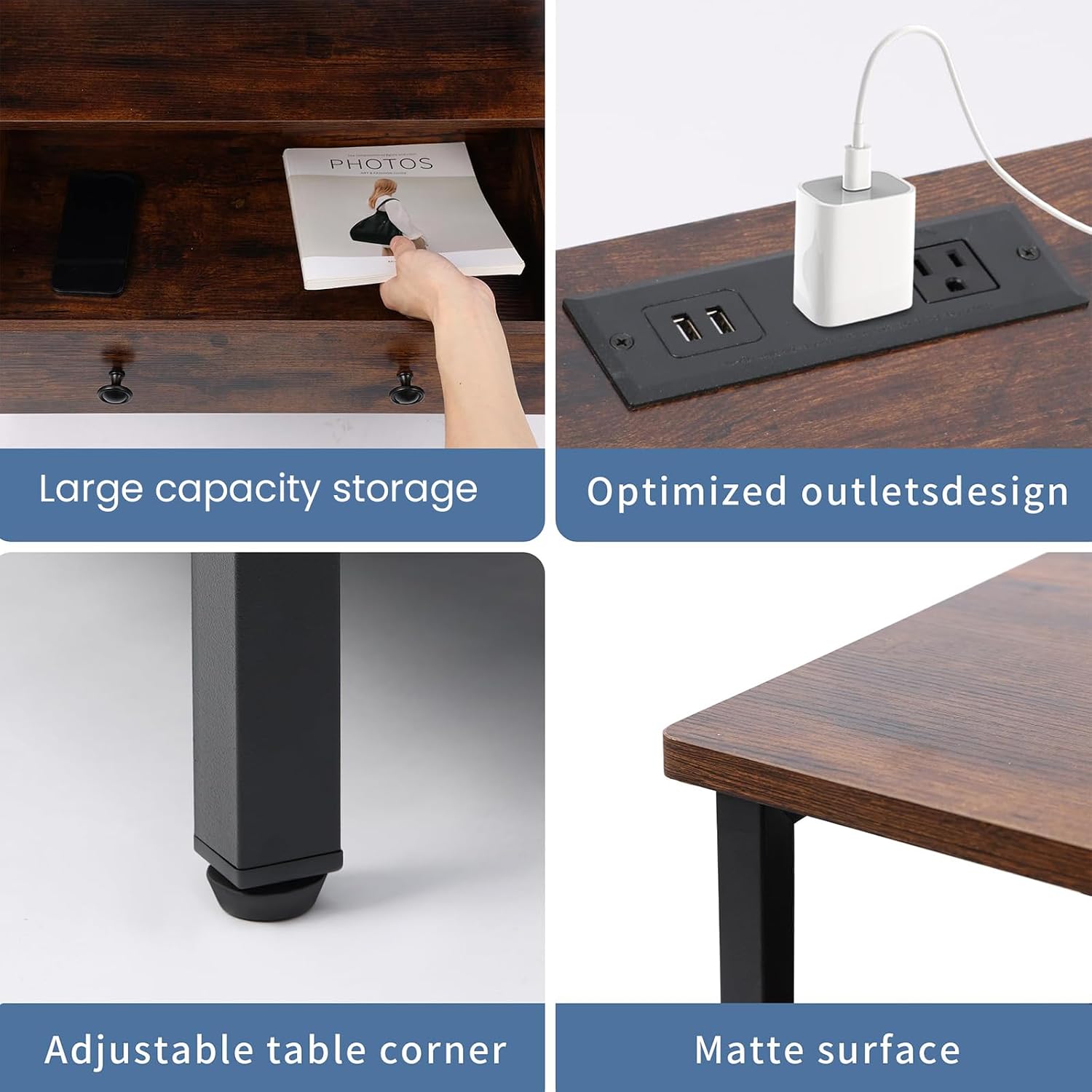 Edbuosy 3 Wooden Drawers Night Stand, 27 Inch Wide Nightstand with Charging Station and Adjustable Drawers, Small Dresser for Closet, Bedside Table for Living Room/Bedroom/Office, Retro Brown.