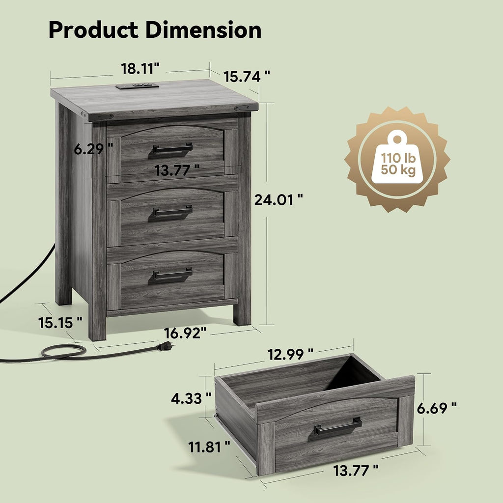 Decofy Farmhouse Nightstand Set of 2 with Charging Station, 18'' Wide Rustic End Table with USB/Type-C Ports, 3 Drawers, Wood Bedside Table for Bedroom, Grey Oak