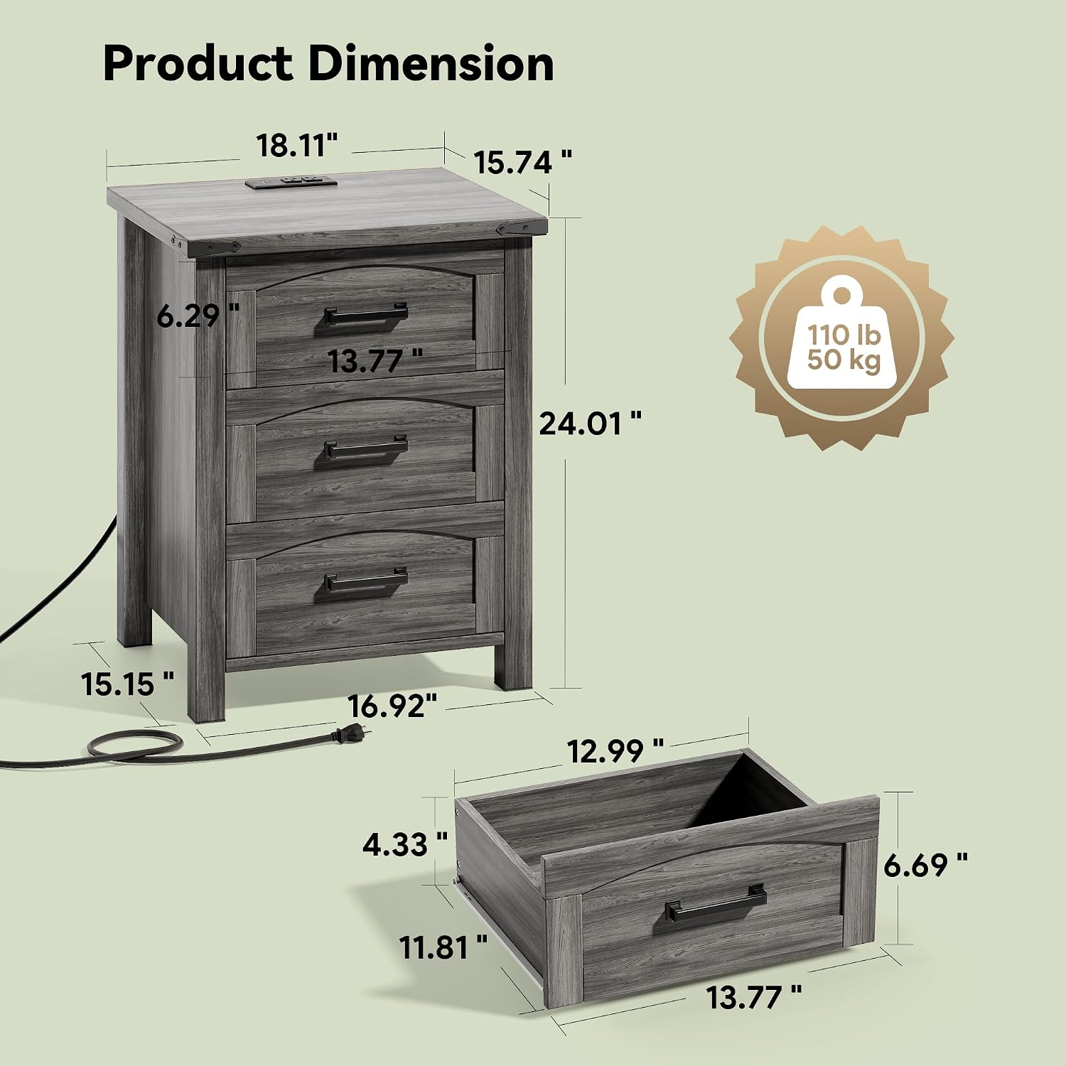 Decofy Farmhouse Nightstand Set of 2 with Charging Station, 18'' Wide Rustic End Table with USB/Type-C Ports, 3 Drawers, Wood Bedside Table for Bedroom, Grey Oak