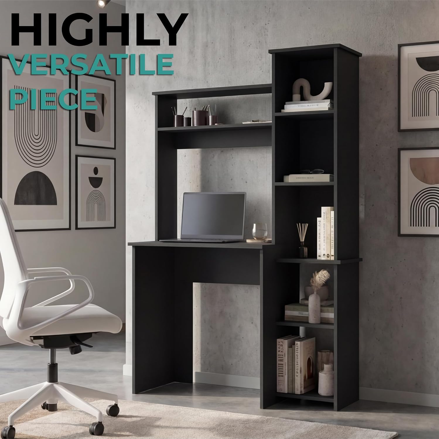 Tuhome Versalles Writing Desk with Two Superior Shelves, Five Side Open Storage Compartments, Space-Saving Modern Workstation Design for Studios and Offices, Ideal for Organization, Books