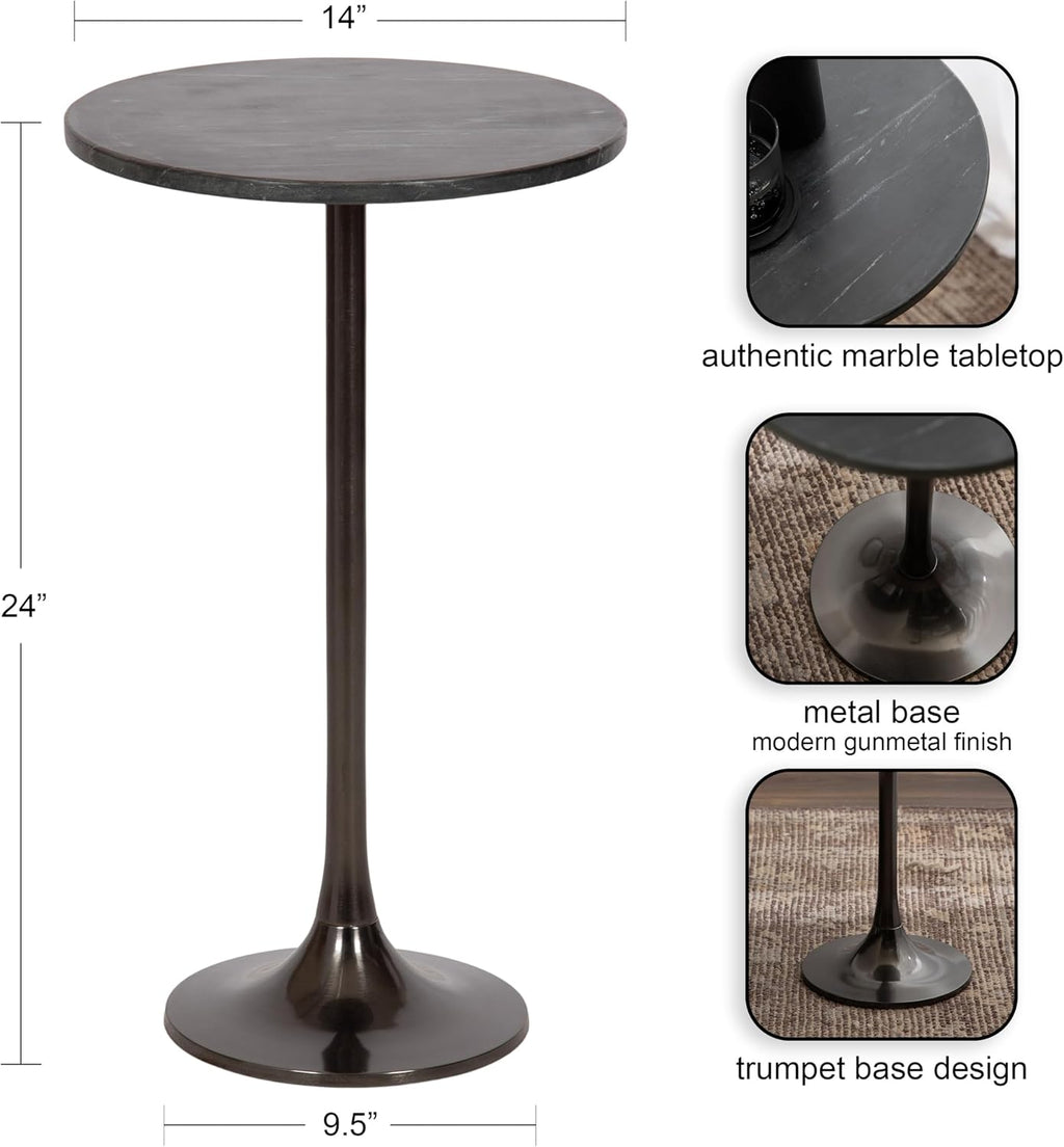 Kate and Laurel Baronet Glam Marble Round Side Table; 14 x 14 x 24; Black Marble and Gray Gunmetal; Marble Top Circle End Table for Use as a Bedroom Nightstand or Living Room Plant Stand Option