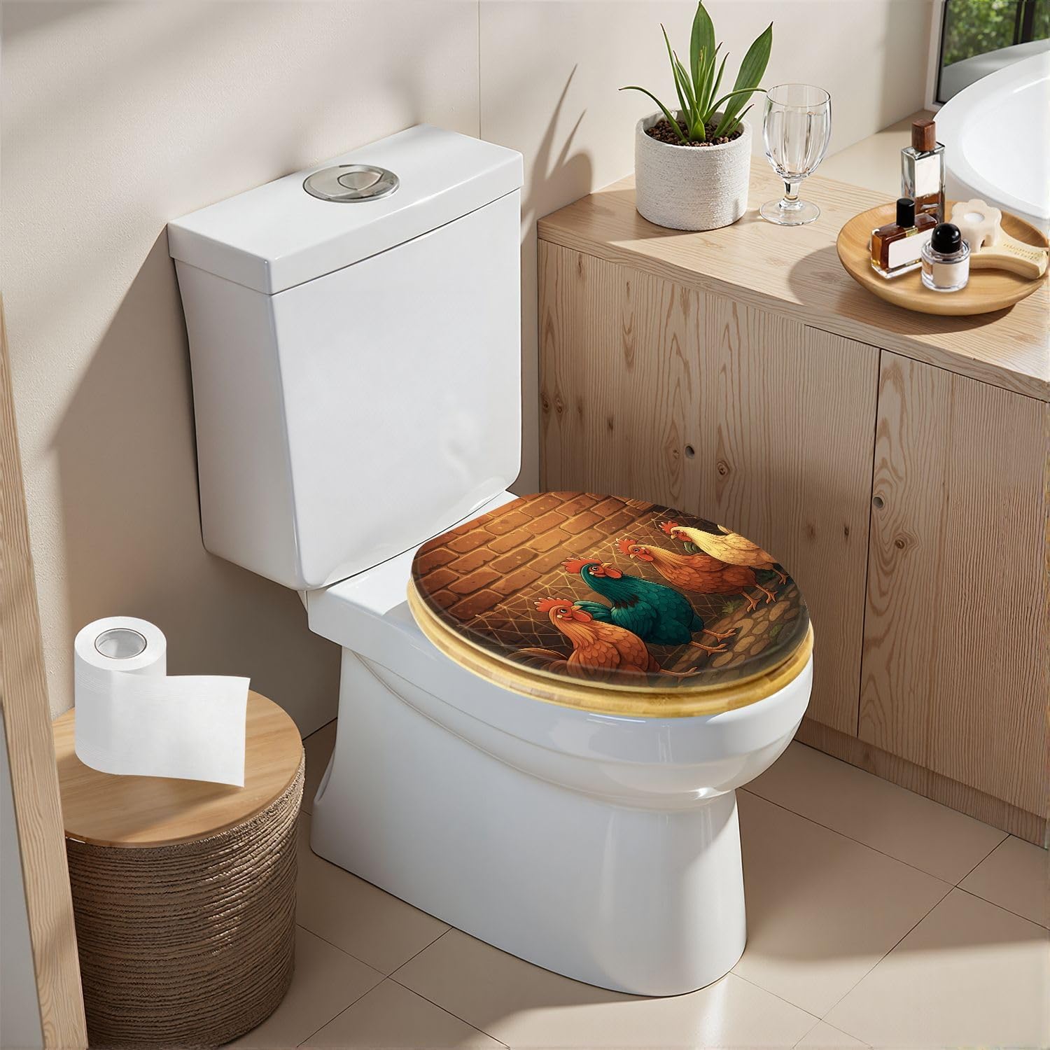 Elongated Toilet Seat Wooden Kitchen Chicken Farm Farmhouse Animal Rooster Rustic Dining Chickens Wood Toilet Seat Slow Quiet Close Lid with Quick-Release Hinges Cover Bumpers Easy to Clean Install