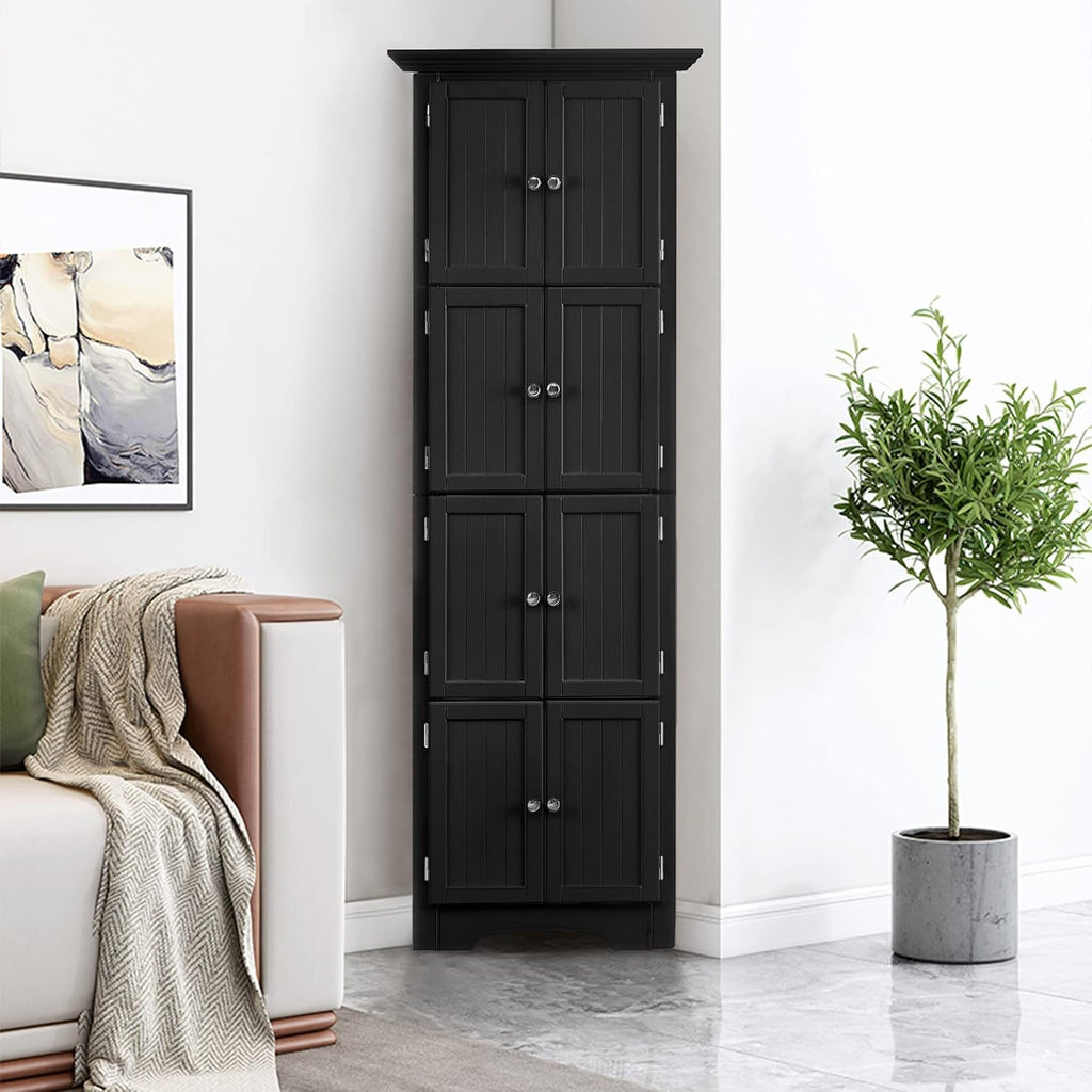 72' Tall Corner Storage Cabinet with Doors and 4 Shelves, Free Standing Corner Hutch Cabinet Kitchen Pantry Storage Cabinet Bookshelf Cabinet for Kitchen Living Room Bedroom (Black)