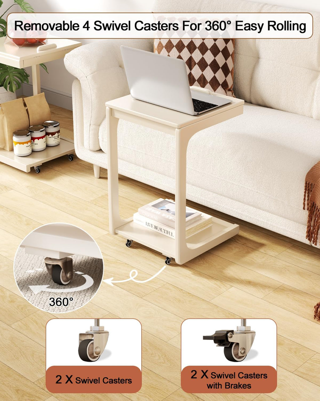 AQIMUELE Wooden C-Shaped End Table,Couch Table with Adjustable Desktop,Small Rolling Side Table with 2 Lockable Wheels,Small End Table for Couch, Living Room,Bedroom (White)