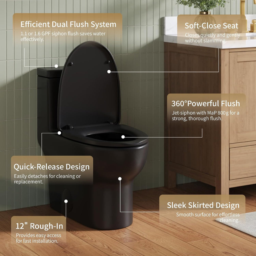 DeerValley Black One Piece Toilet with Efficient Dual Flush 1.1/1.6 GPF | Standard Height Toilet Bowl, Durable Ceramic, Slow Close Seat, Skirted Design 12' Rough-In Toilet for Bathroom DV-1F026B