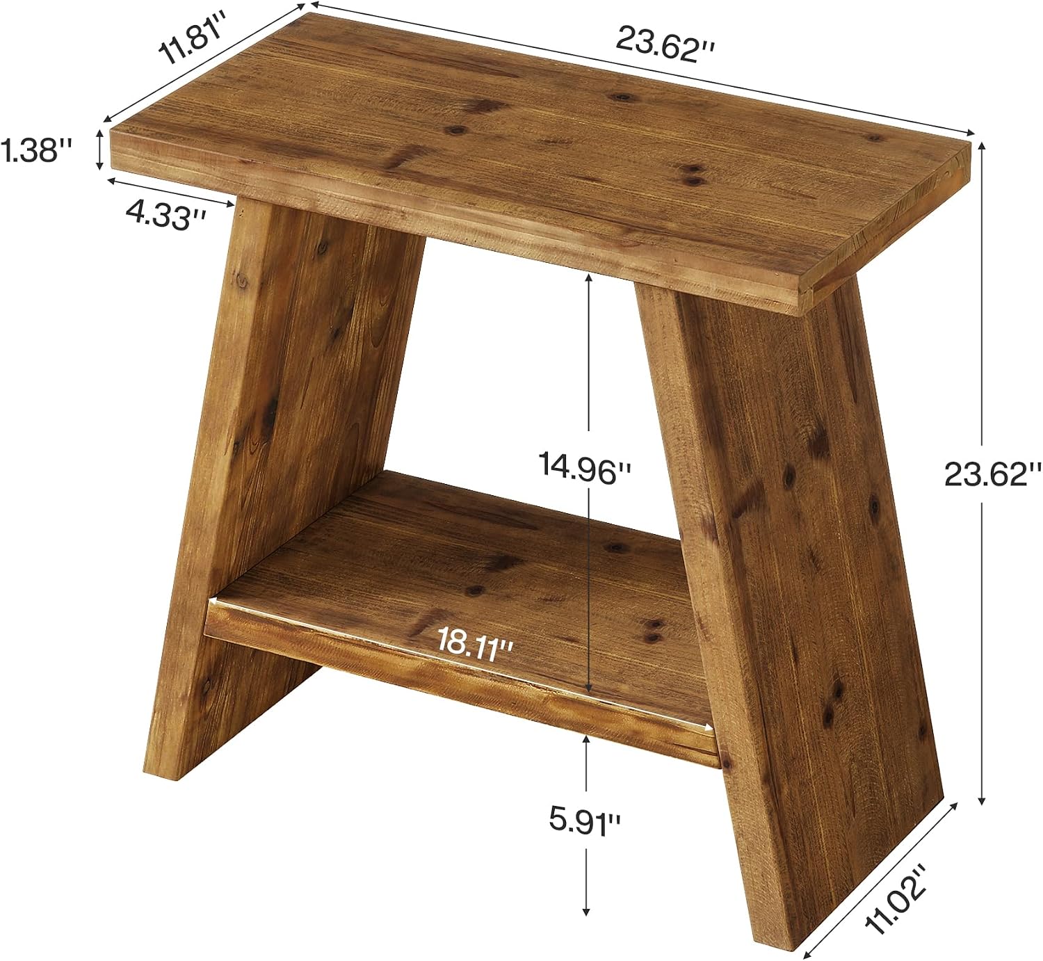 Solid Wood End Table for Living Room Set of 2, Narrow Small Side Table with 2-Tier Storage, Farmhouse Bedside Nightstand for Bedroom, Small Places, Rustic Brown (2 PCS)