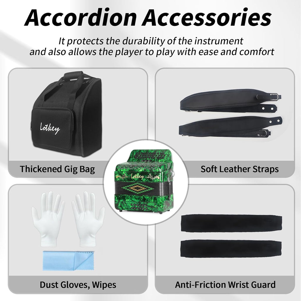 Lotkey 34 Key Diatonic Accordion, 3412 Multi Tone Celluloid Accordions Louder Clearer Timbre than Plastic for Adult, Beginner, Professional with Updated Bag, Straps, Acordeón Wrist Guard (GCF Green)