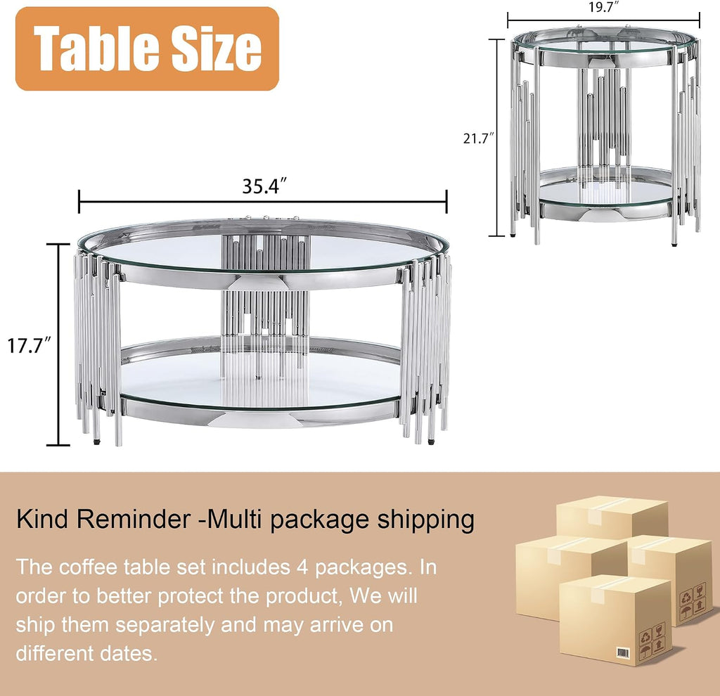 Round Glass Coffee Table Set of 3, Silver Living Room Table Set with Coffee Table and 2 End Table, 2-Tier Glass Table with Stainless Steel Legs and Clear Tempered Glass for Living Room