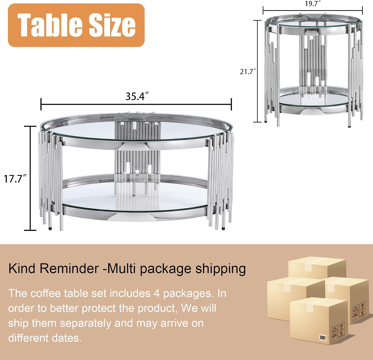 Round Glass Coffee Table Set of 3, Silver Living Room Table Set with Coffee Table and 2 End Table, 2-Tier Glass Table with Stainless Steel Legs and Clear Tempered Glass for Living Room