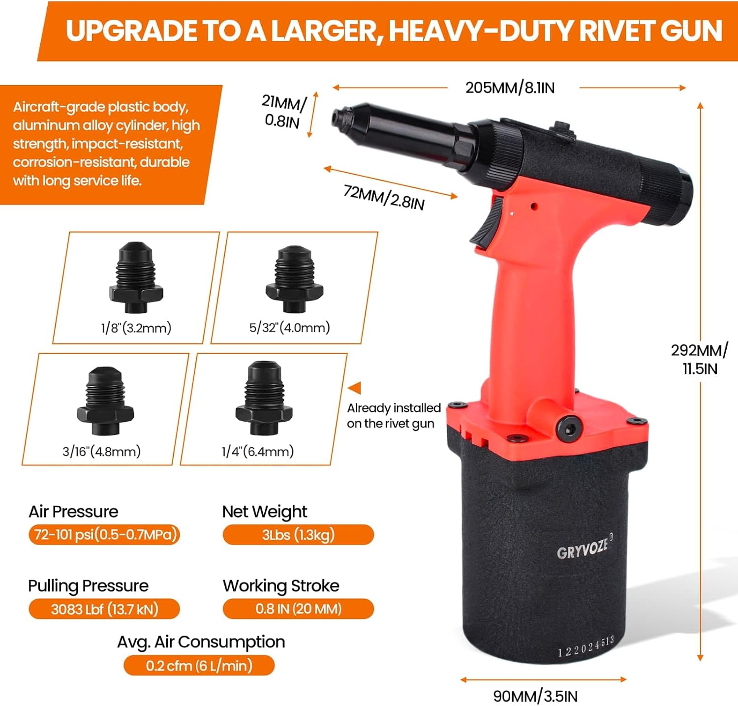 Pneumatic Rivet Gun Air Pop Riveter Tool Kit with 1/8', 5/32', 3/16', 1/4' Rivet Nozzles, Pneumatic Riveting Gun, Upgraded Air Riveter Hydraulic Pop Riveting Rivets Tool, No-Self-Suction