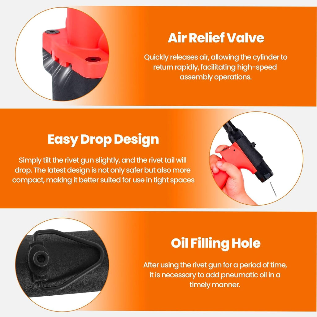 Pneumatic Rivet Gun Air Pop Riveter Tool Kit with 1/8', 5/32', 3/16', 1/4' Rivet Nozzles, Pneumatic Riveting Gun, Upgraded Air Riveter Hydraulic Pop Riveting Rivets Tool, No-Self-Suction