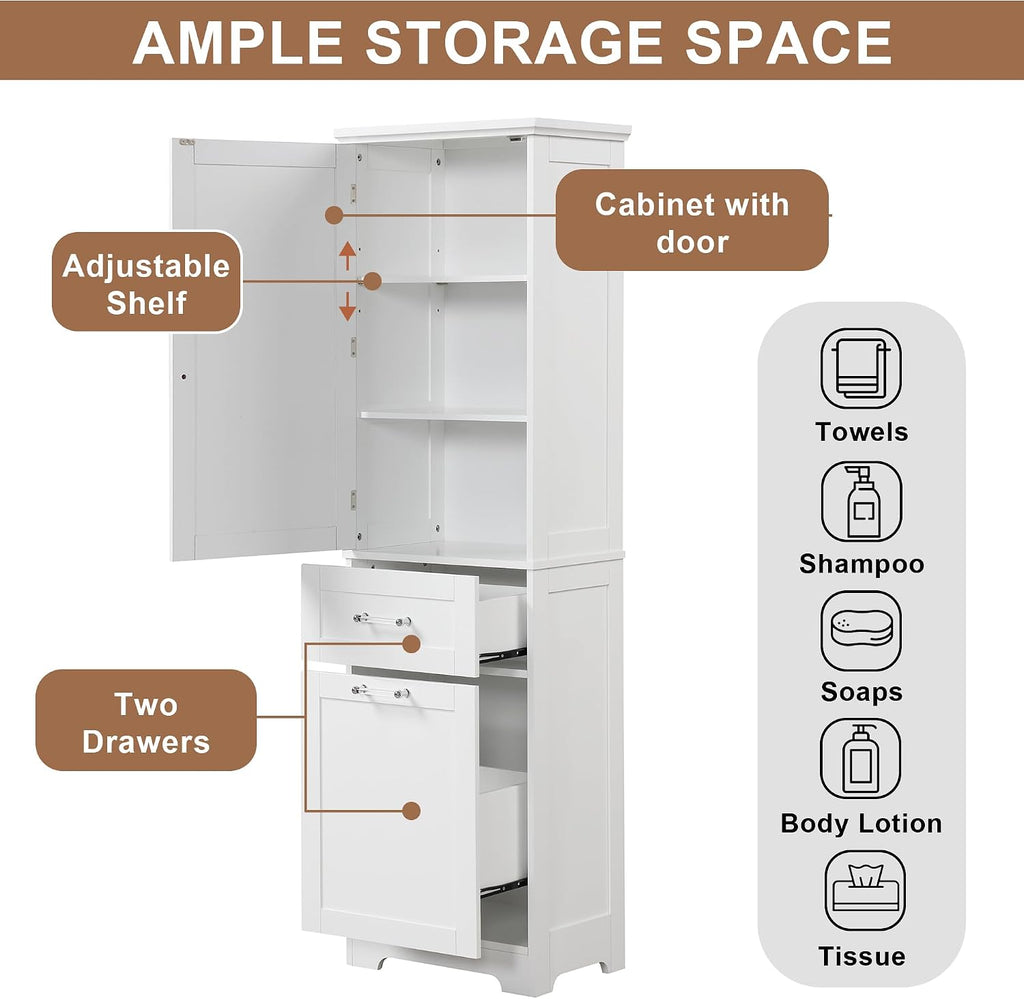 Bathroom Storage Cabinet with Adjustable Shelf, 68.4 in Tall | MDF, painted finish, adjustable shelf, enclosed storage, acrylic handles, anti-tip kit, bathroom, 20 W x 13.5 D x 68.4 H in