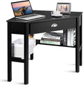 DORTALA Corner Desk, Writing & Study Corner Computer Desk, Laptop PC Table, Wood Home Office Desk, Small Corner Desk w/Storage Drawer, Shelves, Office Study Workstation, White Corner Desk (Black)