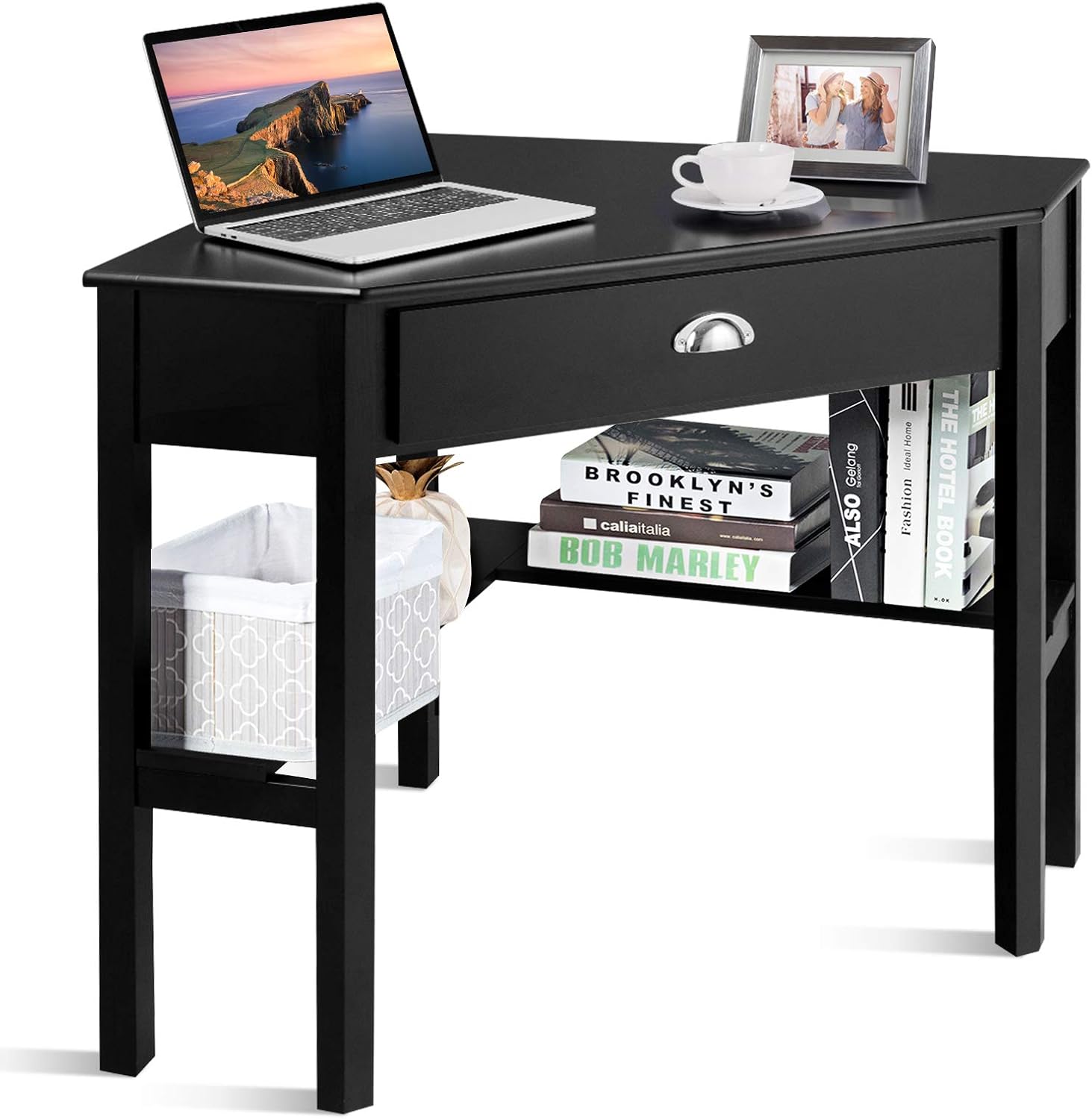 DORTALA Corner Desk, Writing & Study Corner Computer Desk, Laptop PC Table, Wood Home Office Desk, Small Corner Desk w/Storage Drawer, Shelves, Office Study Workstation, White Corner Desk (Black)