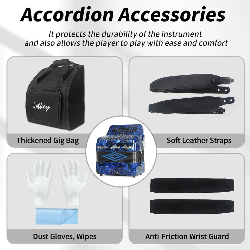 Lotkey 34 Key Diatonic Accordion, 3412 Multi Tone Celluloid Accordions Louder Clearer Timbre than Plastic for Adult, Beginner, Professional with Updated Bag, Straps, Acordeón Wrist Guard (FBE Blue)