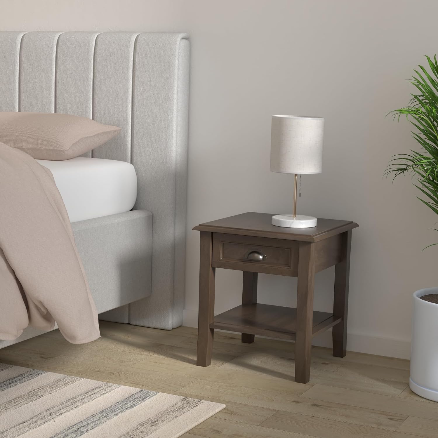 SIMPLIHOME Burlington End Table - 18 inch Wide Solid Wood Square Accent Table with Drawer and Open Shelf in Mahogany Brown, Transitional Nightstand or Lamp Stand for Living Room or Bedroom