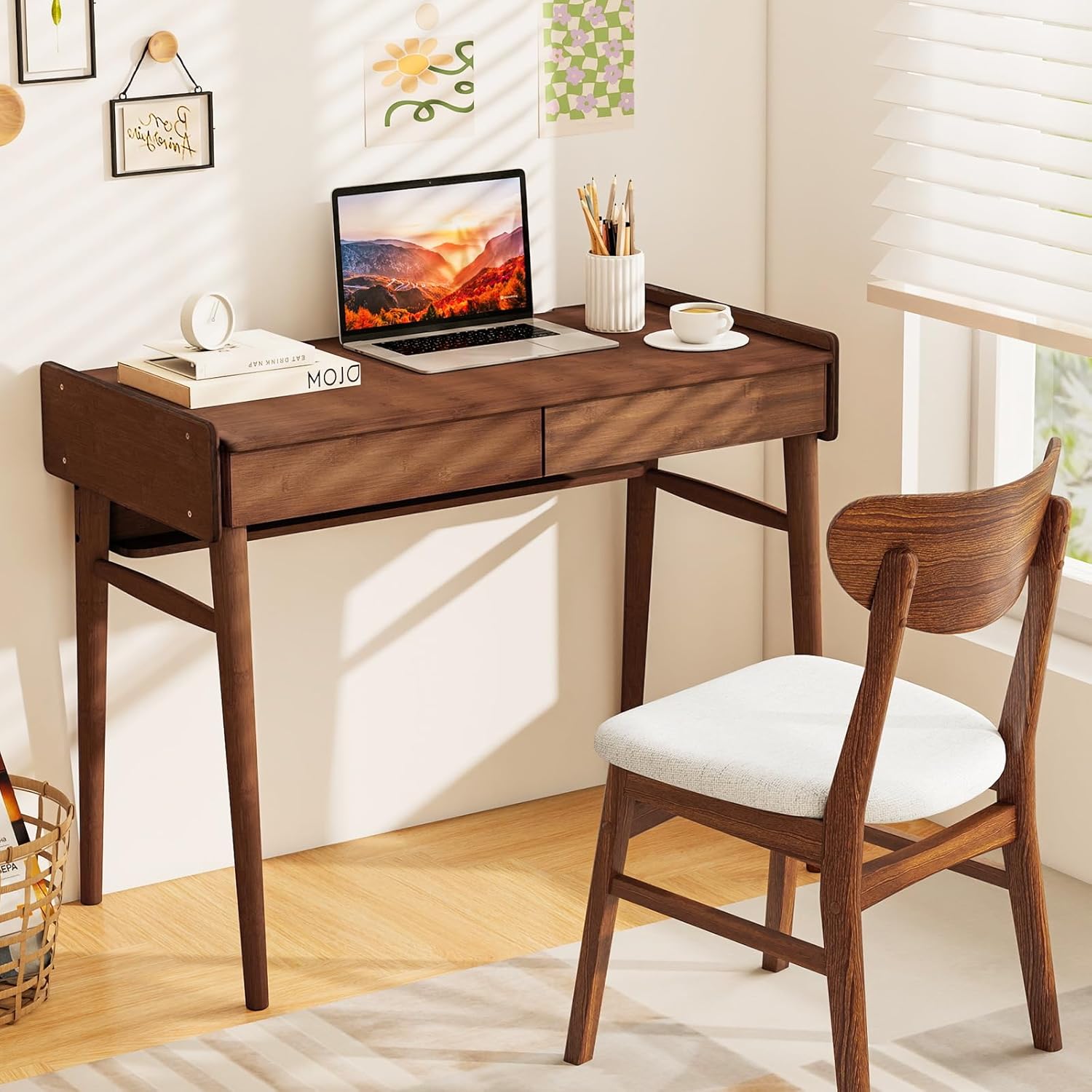 Tangkula Bamboo Mid Century Desk with 2 Storage Drawers, Home Office Study Writing Desk with Shelf & Cable Management Groove, Home Office Desk for Working & Learning (Brown)