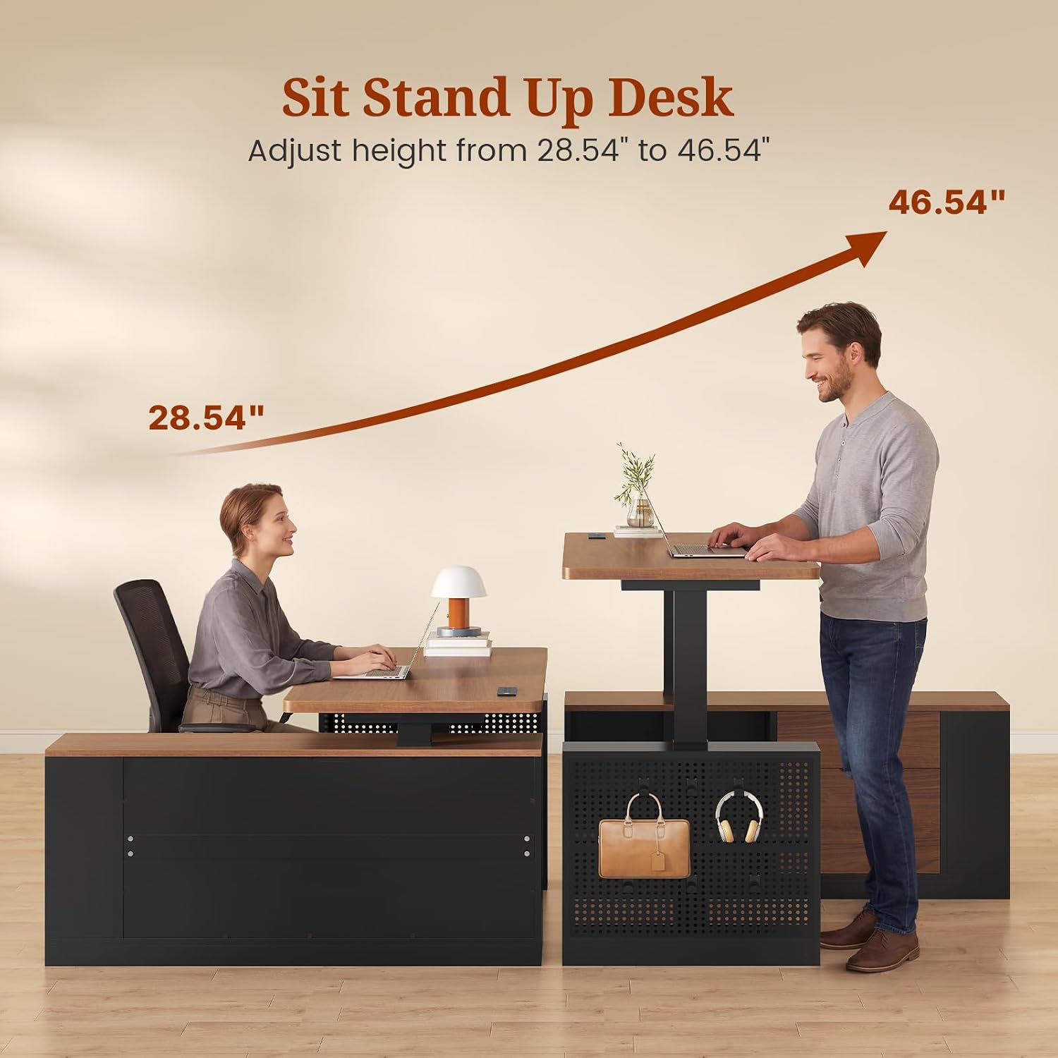 UPOSOJA L Shaped Standing Desk Adjustable Height, 53' Electric Office Desk with File Drawers & Storage Shelves, Sit Stand Corner Computer Desk with Power Outlets, Pegboard, 6 Hooks, Black & Walnut