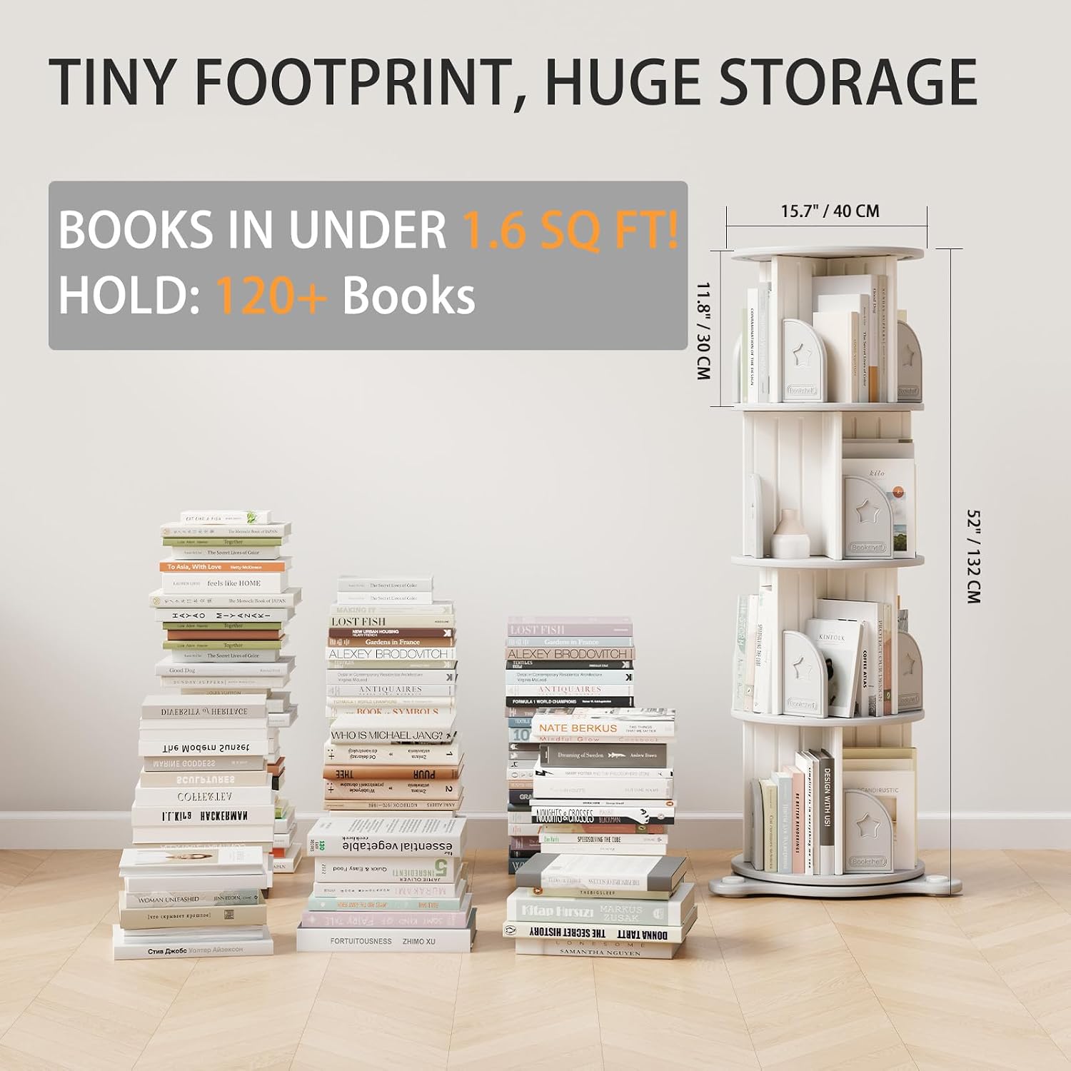 4 Tier Rotating Bookshelf, 360°Spinning Bookshelf Tower Book Display Stand, Corner Bookcase Organizer for Classroom/Bedroom/Living Room/Reading Nook (White-4Tier)